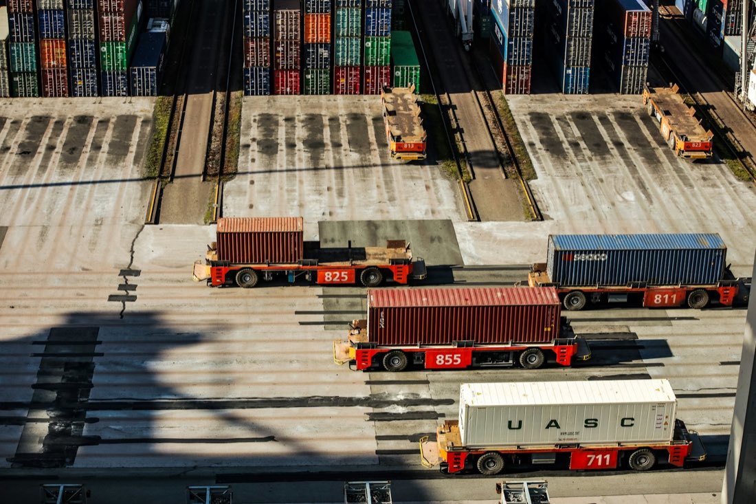 Container vehicles at a freight terminal